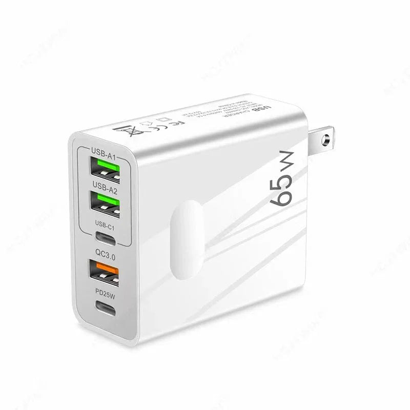 White 65W USB wall charger with multiple ports, fast charging adapter from clarioy electronics