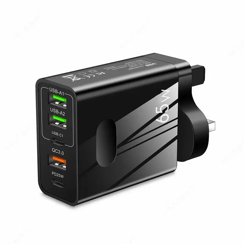 clarioy 65W multi-port USB wall charger with USB-A, USB-C, QC3.0, PD25W ports, black