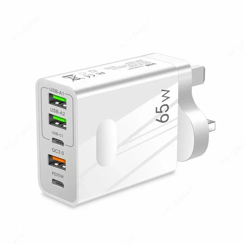65W multi-port USB wall charger with PD25W and QC3.0 for fast charging, clarioy electronics