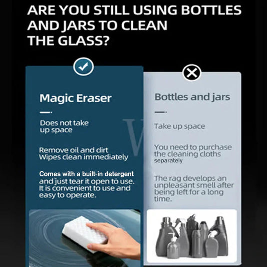 Comparison chart of magic eraser vs bottles and jars for glass cleaning, highlighting benefits of built-in detergent magic eraser product from clarioy.