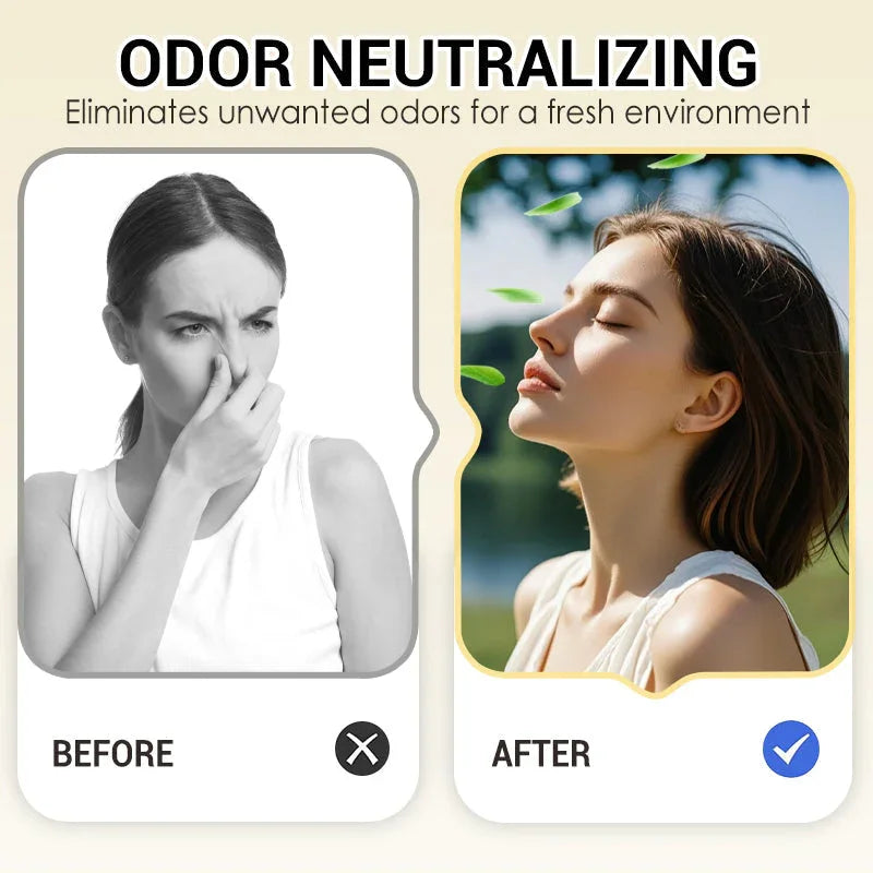 Odor neutralizing before and after comparison featuring a woman reacting to bad smell and then enjoying fresh air, homeware product at clarioy.