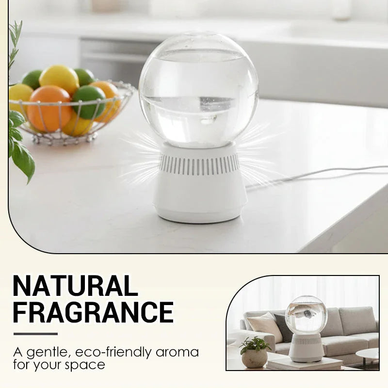 Eco-friendly glass aroma diffuser on modern kitchen counter, promoting natural fragrance