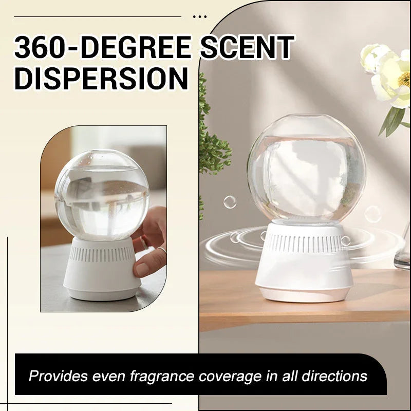 360-degree aroma diffuser with clear glass globe on white base, dispersing fragrance, on table.