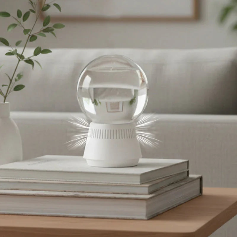 Modern crystal globe lamp on stacked books in cozy living room, stylish clarioy homeware