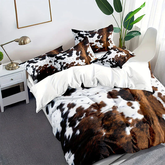 Cow print bedding set on modern bed, white nightstand, gold lamp, and green plant in bright bedroom