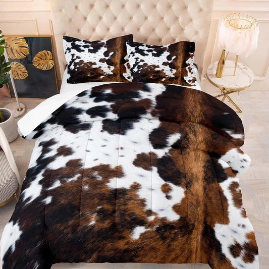 Cow print bedding set featuring brown and white duvet cover and pillows on tufted bed