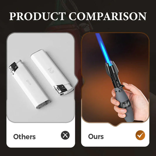 Product comparison showing standard white lighters versus Clarioy torch lighter with blue flame