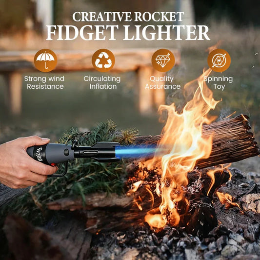 Creative rocket fidget lighter igniting campfire outdoors, clarioy auto tool with strong wind resistance