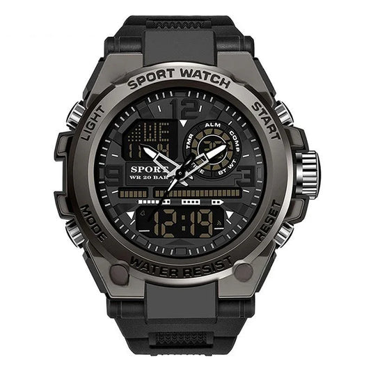Men's digital sport watch with black band, large display, water resistant, available at clarioy.