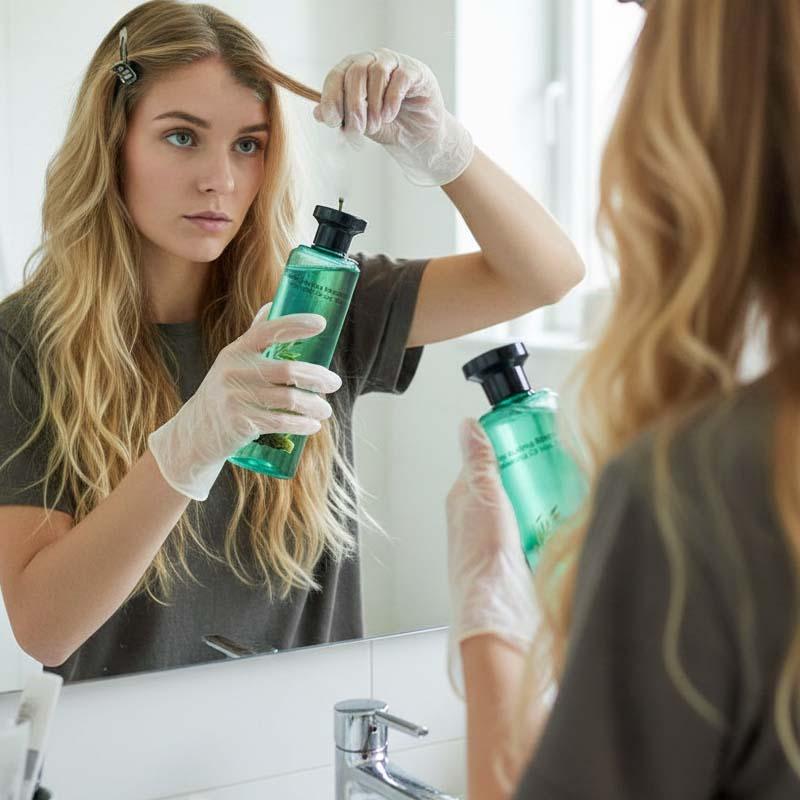 Woman applying hair dye with gloves in bathroom using premium homeware from clarioy