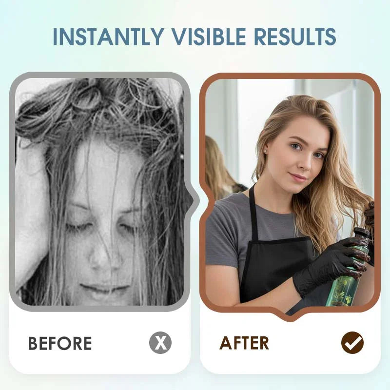 Before and after hair care results, featuring a woman with messy hair and then smooth, styled hair, promoting clarioy beauty tools.