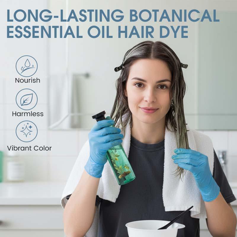 Woman applying botanical essential oil hair dye at home, promoting long-lasting, vibrant color.