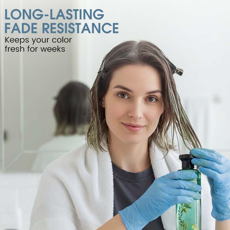 Woman applying hair color at home with gloves, showcasing long-lasting fade resistance hair care