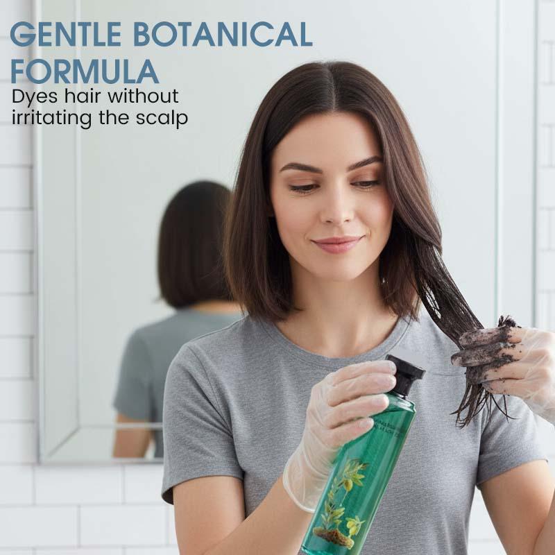 Woman applying botanical hair dye with gloves in bathroom, gentle formula for scalp care