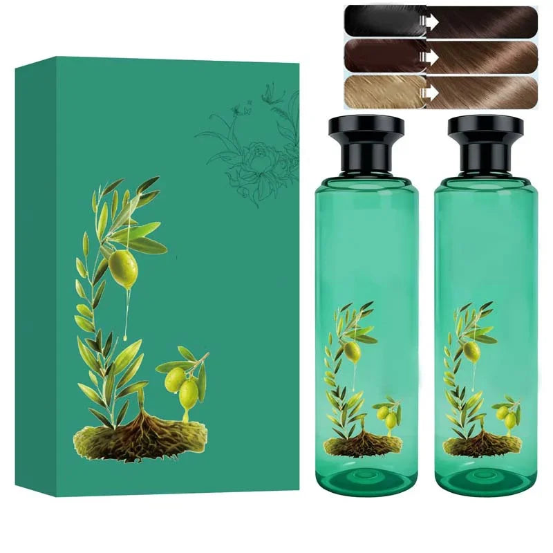 Green olive oil bottles with matching box, olive branch design, hair color chart, clarioy homeware.