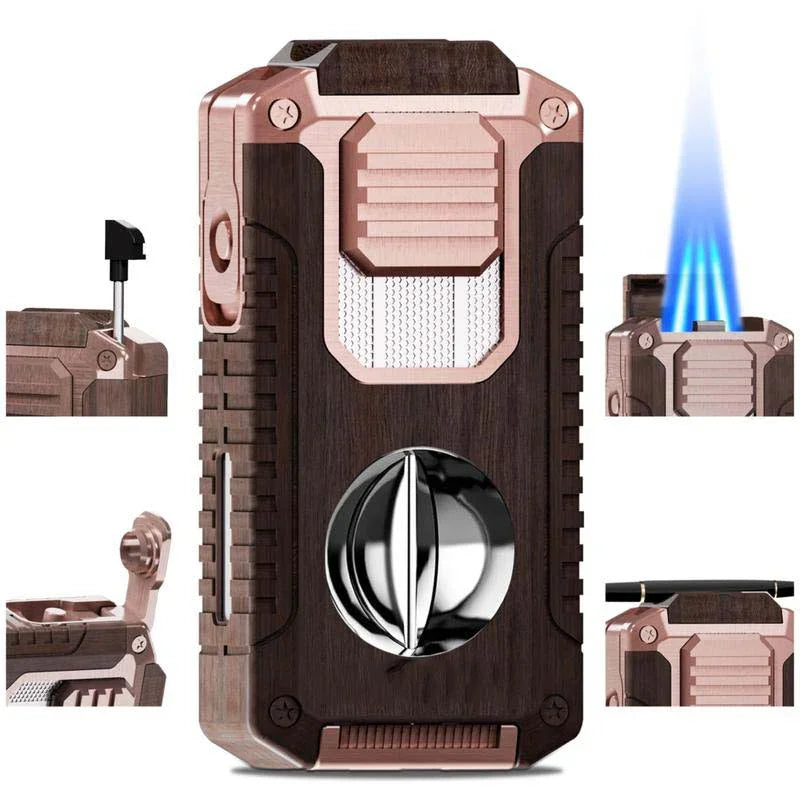 Wood and metal torch lighter with triple jet flames, cigar punch, and Clarioy premium toolkit design