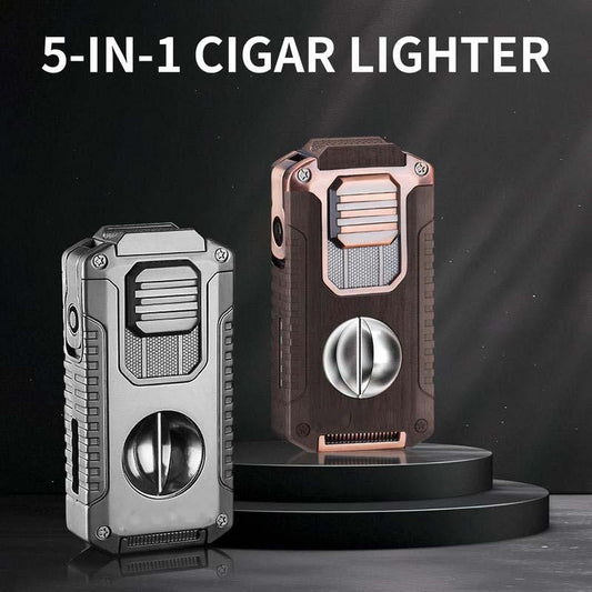 5-in-1 cigar lighter in metallic finishes on black display, premium auto tool from clarioy