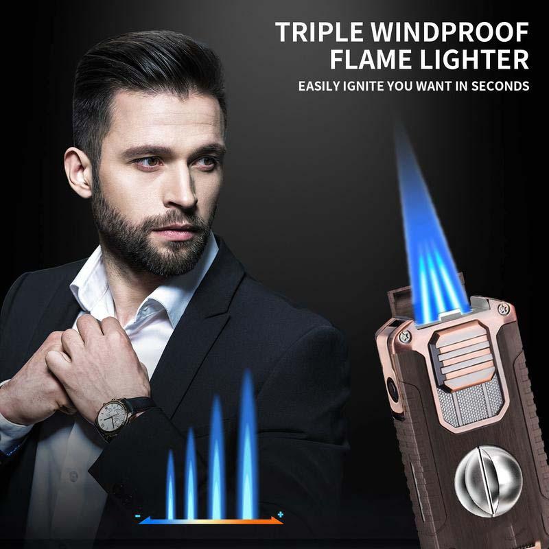 Triple windproof flame lighter with blue flame, stylish man in suit, clarioy premium auto tools
