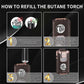 Instruction infographic showing steps to refill a butane torch, featuring torch, nozzles, and safety tips.