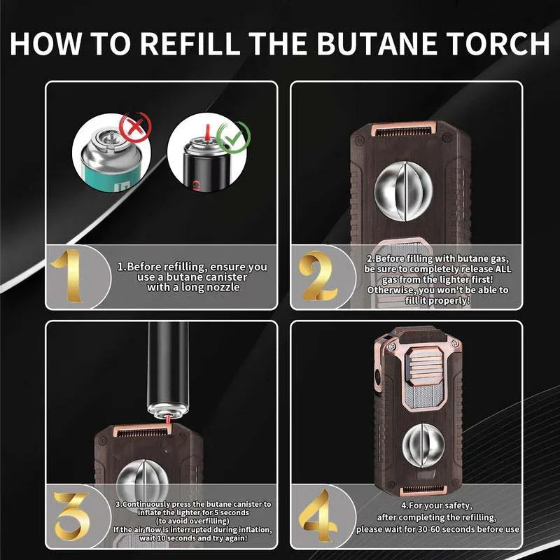 Instruction infographic showing steps to refill a butane torch, featuring torch, nozzles, and safety tips.