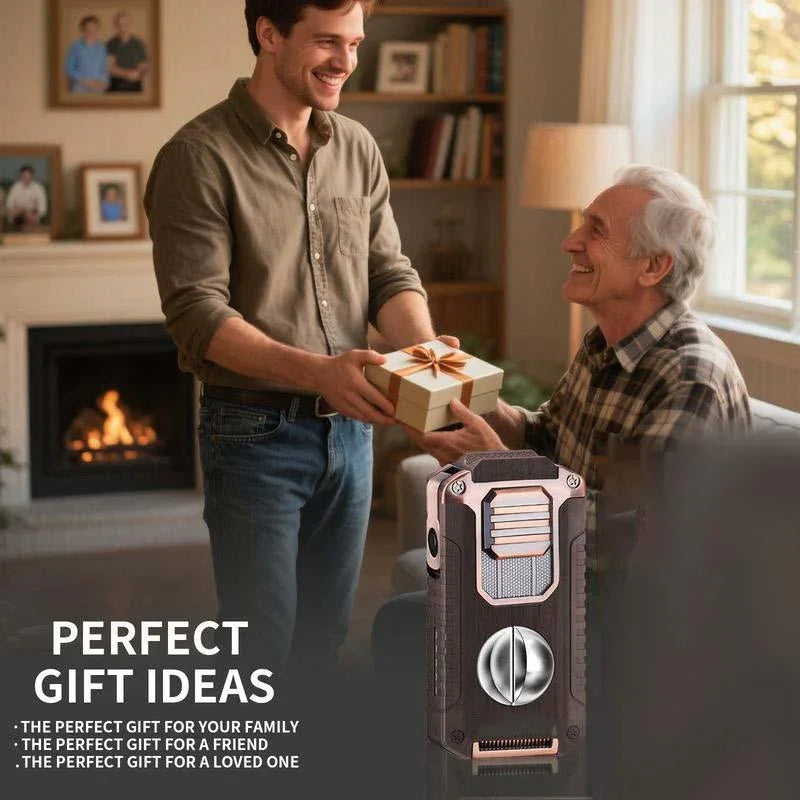 Smiling man gives gift box to older man, fireplace background, clarioy premium auto tool in foreground, perfect gift