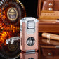Metal cigar cutter and lighter for smokers, luxury barware accessory on reflective surface