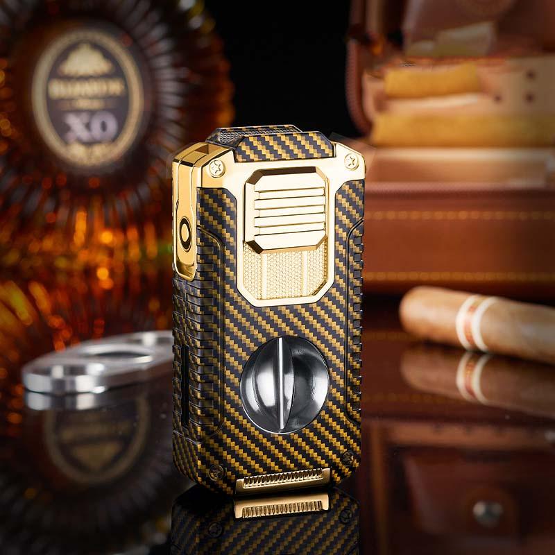 Carbon fiber and gold torch lighter for cigars, stylishly set with whiskey and cigar, clarioy