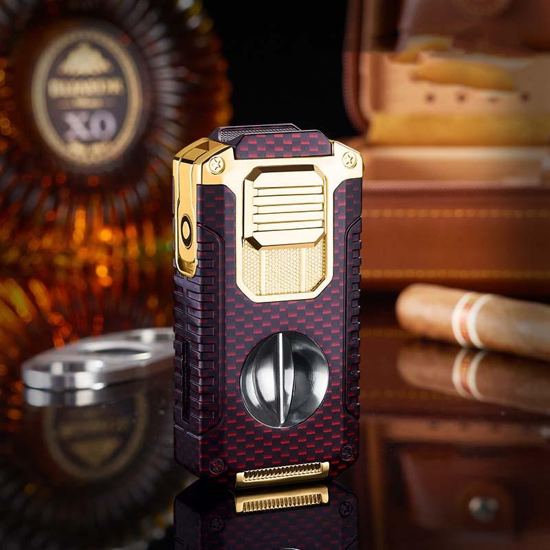 Premium carbon fiber cigar cutter and lighter with gold accents, luxury barware background, clarioy
