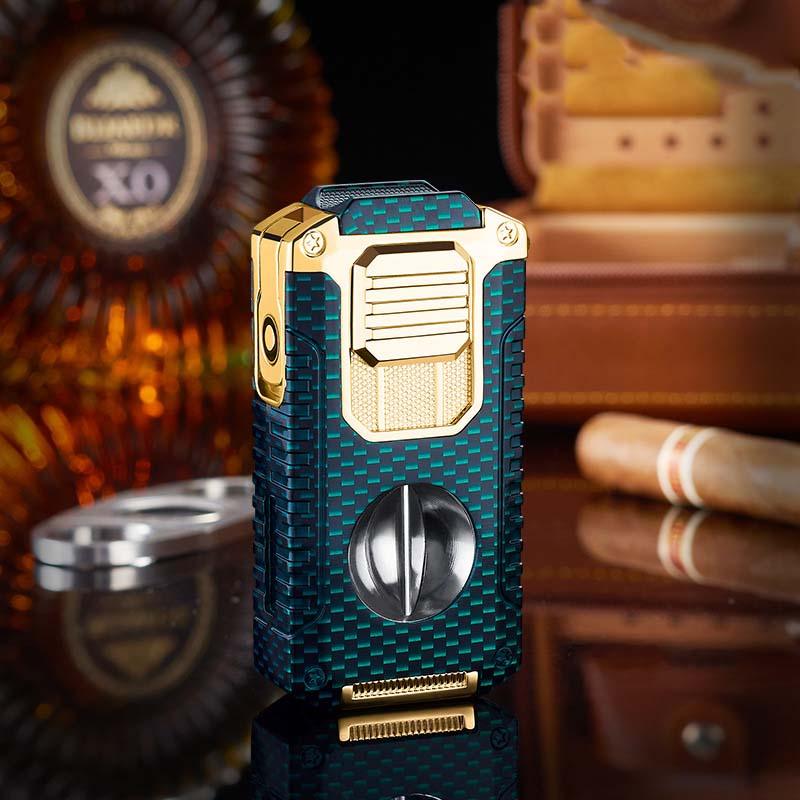 Luxury torch lighter with gold and carbon fiber finish on a table, clarioy premium homeware