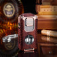Luxury cigar lighter with wood finish, metal accents, and cigar accessory tools on table