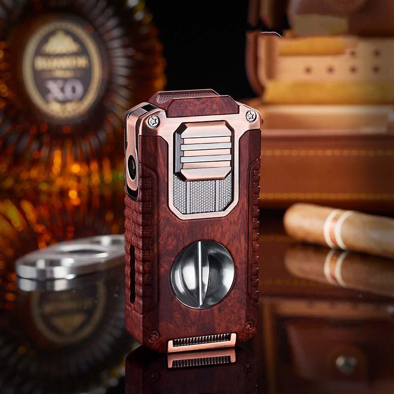 Luxury cigar lighter with wood finish, metal accents, and cigar accessory tools on table