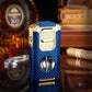 Blue and gold premium cigar lighter and cutter on glass table, luxury background, clarioy store