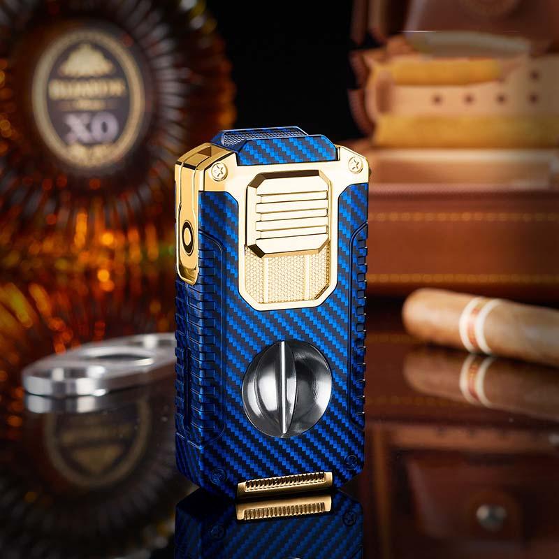 Blue and gold premium cigar lighter and cutter on glass table, luxury background, clarioy store