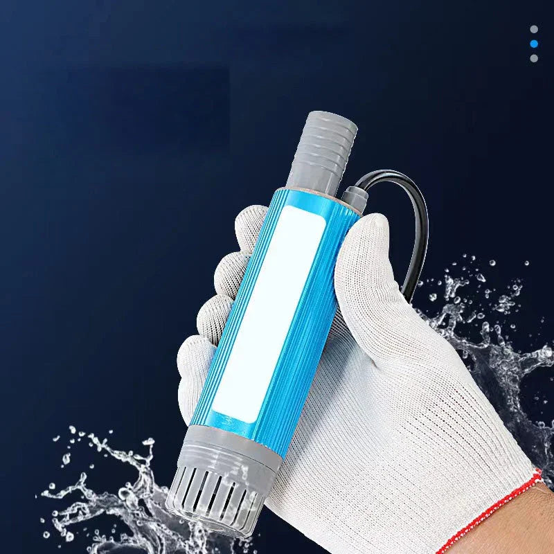 Gloved hand holding a blue portable water pump tool from clarioy, water splashing in background