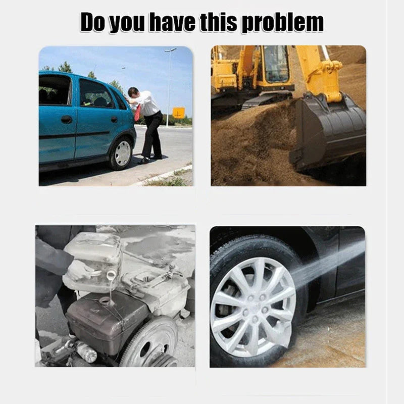 Common auto problems: man fixing car, excavator, dirty engine, car wheel cleaning—Clarioy auto tools.