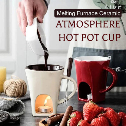 ✨🍴Ceramic Chocolate Fondue Mug, Candle Heated Mini Cheese Fondue Pot with Fork, Portable Glazed Ceramic Melting Cup for Date Night, Family Party Dessert