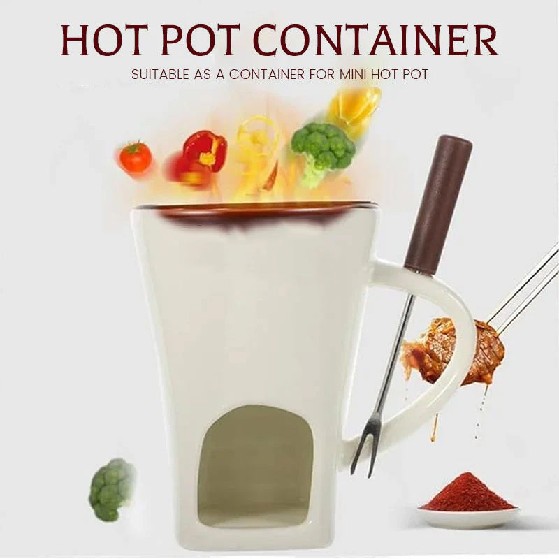 ✨🍴Ceramic Chocolate Fondue Mug, Candle Heated Mini Cheese Fondue Pot with Fork, Portable Glazed Ceramic Melting Cup for Date Night, Family Party Dessert