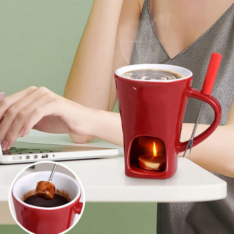 ✨🍴Ceramic Chocolate Fondue Mug, Candle Heated Mini Cheese Fondue Pot with Fork, Portable Glazed Ceramic Melting Cup for Date Night, Family Party Dessert