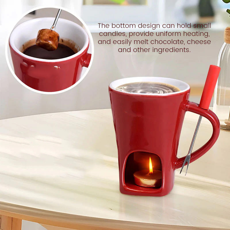 ✨🍴Ceramic Chocolate Fondue Mug, Candle Heated Mini Cheese Fondue Pot with Fork, Portable Glazed Ceramic Melting Cup for Date Night, Family Party Dessert