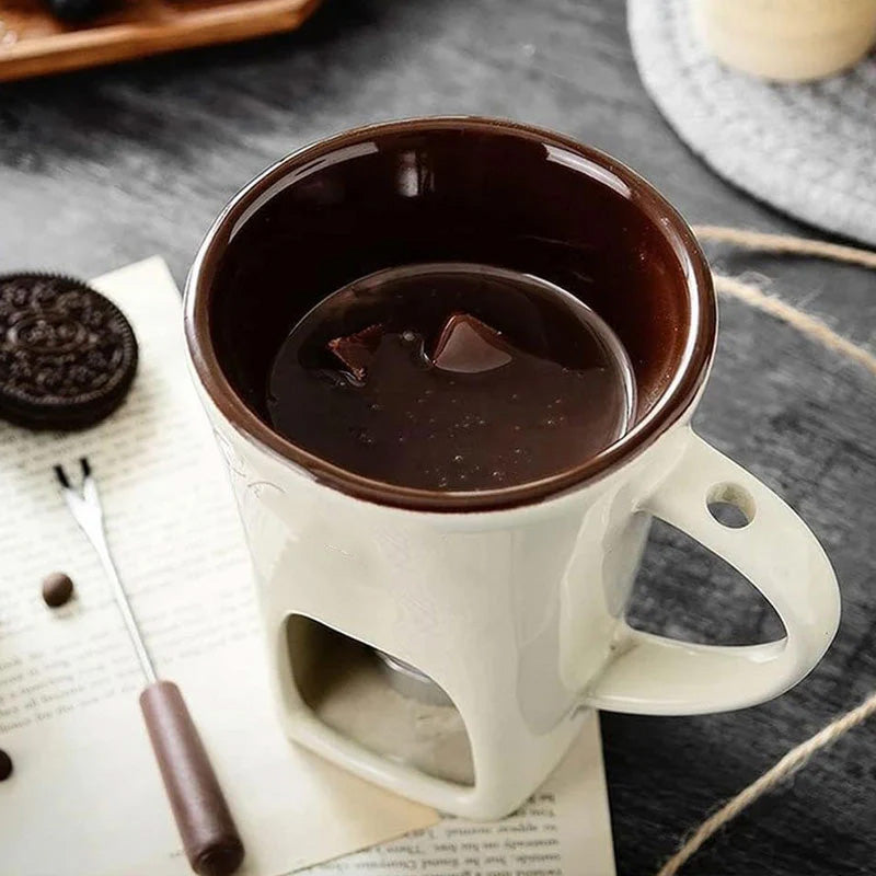 ✨🍴Ceramic Chocolate Fondue Mug, Candle Heated Mini Cheese Fondue Pot with Fork, Portable Glazed Ceramic Melting Cup for Date Night, Family Party Dessert