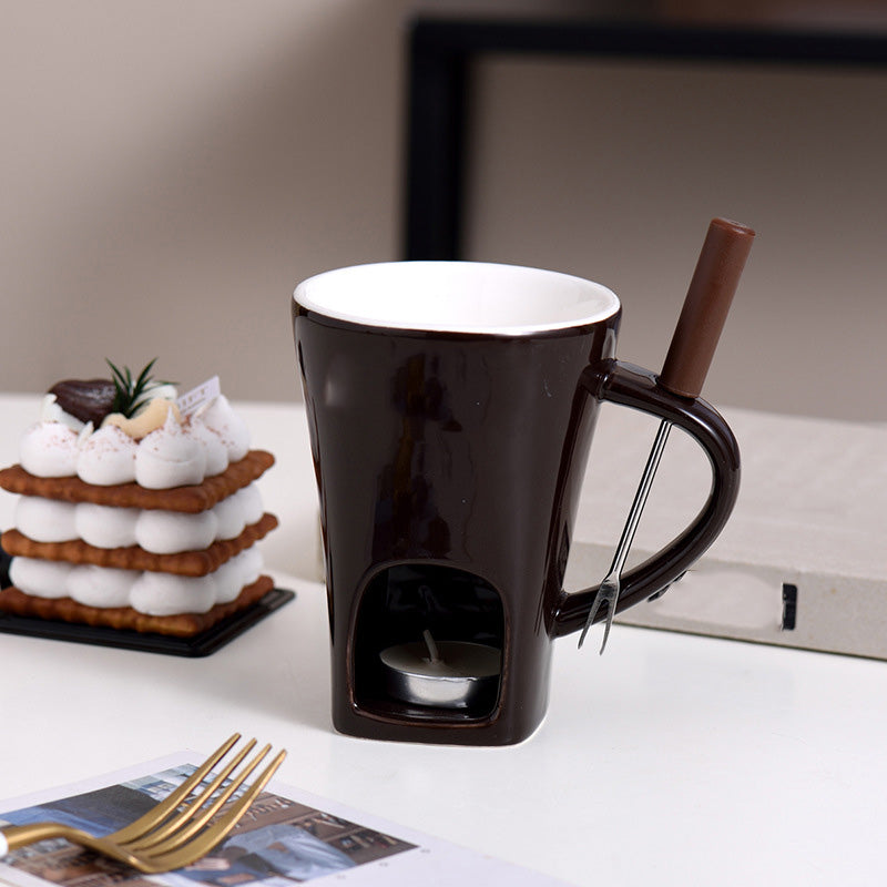 ✨🍴Ceramic Chocolate Fondue Mug, Candle Heated Mini Cheese Fondue Pot with Fork, Portable Glazed Ceramic Melting Cup for Date Night, Family Party Dessert