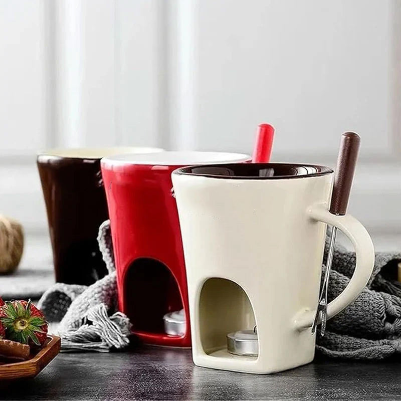 ✨🍴Ceramic Chocolate Fondue Mug, Candle Heated Mini Cheese Fondue Pot with Fork, Portable Glazed Ceramic Melting Cup for Date Night, Family Party Dessert