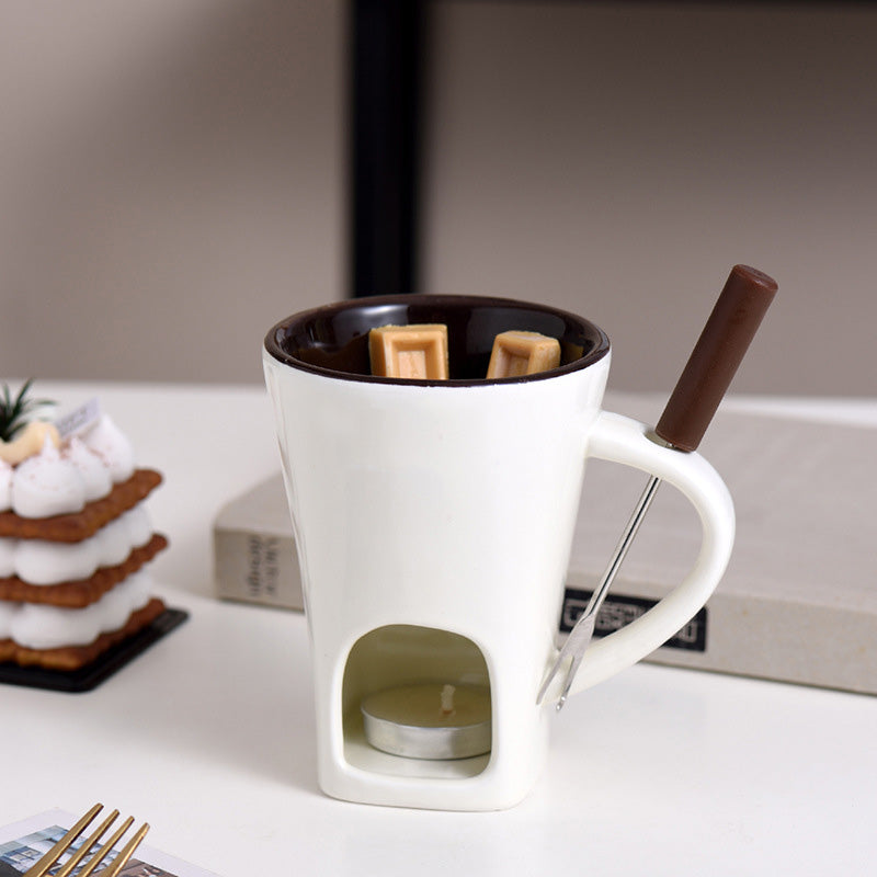 ✨🍴Ceramic Chocolate Fondue Mug, Candle Heated Mini Cheese Fondue Pot with Fork, Portable Glazed Ceramic Melting Cup for Date Night, Family Party Dessert