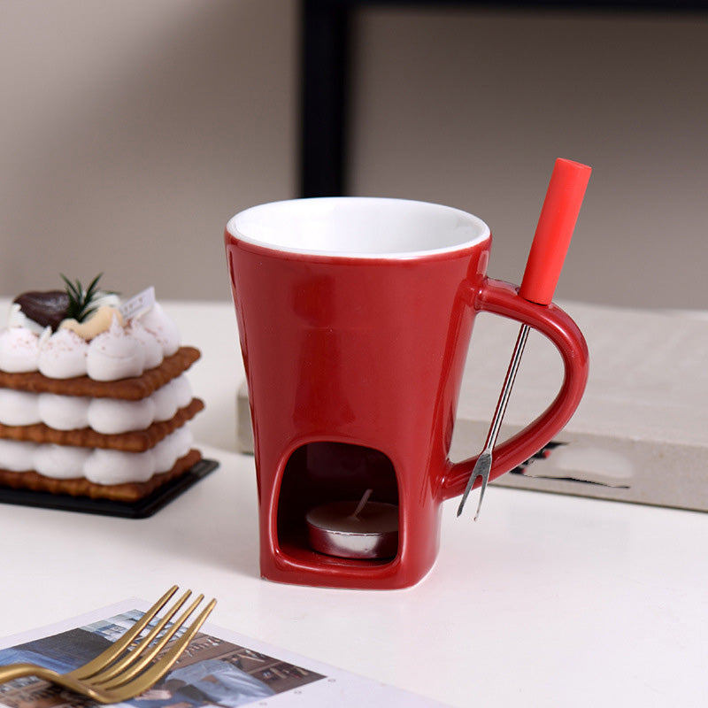 ✨🍴Ceramic Chocolate Fondue Mug, Candle Heated Mini Cheese Fondue Pot with Fork, Portable Glazed Ceramic Melting Cup for Date Night, Family Party Dessert