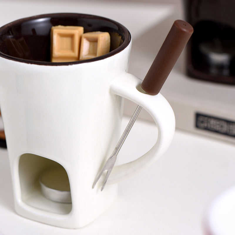 ✨🍴Ceramic Chocolate Fondue Mug, Candle Heated Mini Cheese Fondue Pot with Fork, Portable Glazed Ceramic Melting Cup for Date Night, Family Party Dessert