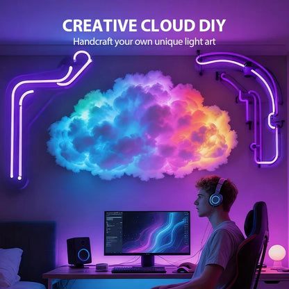 Person at computer desk with colorful cloud LED wall art and neon lights, clarioy homeware decor