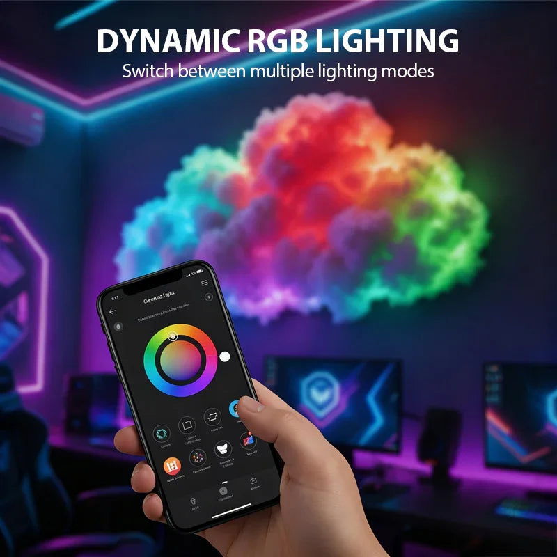 Hand using smartphone to control dynamic RGB cloud wall light in modern gaming setup