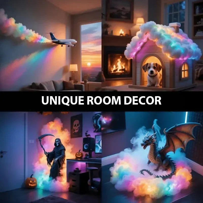 Colorful LED cloud decor with airplane, doghouse, Grim Reaper, and dragon for unique room design