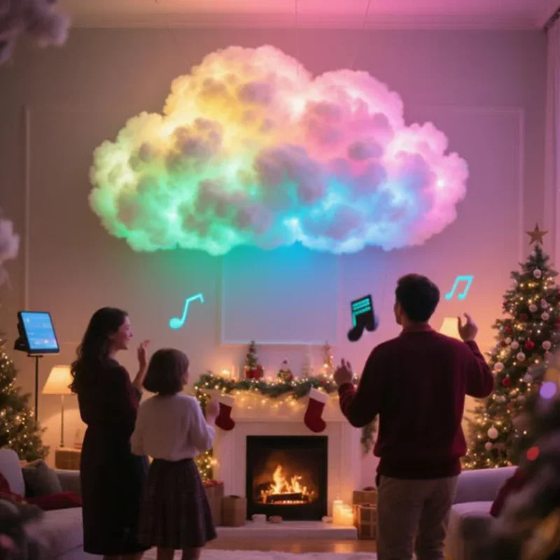 Family in Christmas-decorated living room enjoying colorful LED cloud light above fireplace