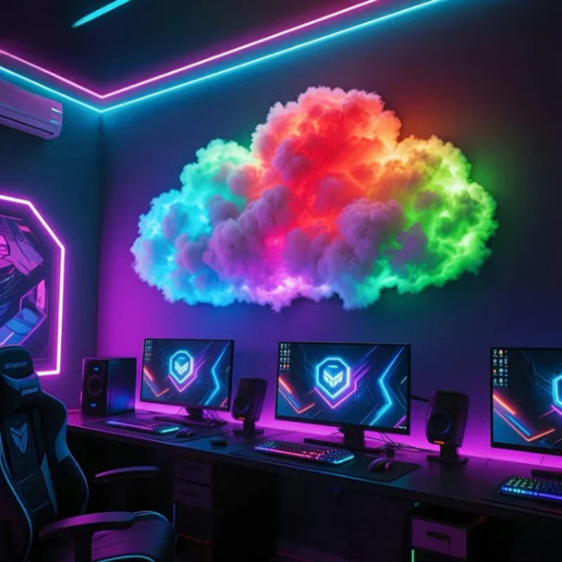 Modern gaming setup with RGB LED cloud light, triple monitors, and clarioy desktop accessories